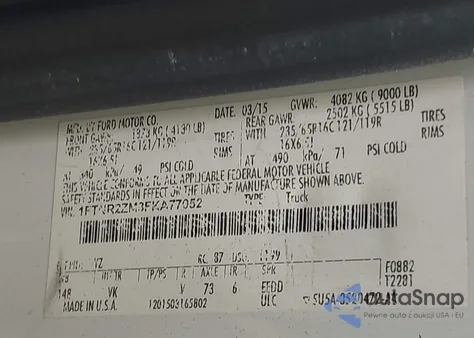 2015 Ford Transit-250 z USA, uszkodzony, nr VIN 1FTNR2ZM3FKA77052